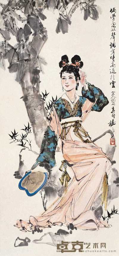 颜梅华 梧桐仕女图 轴 96×45cm